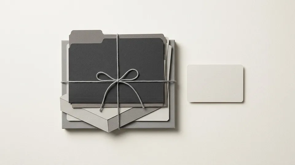 A stack of grey paper folders and ledger boxes tied with string, beside a blank index card