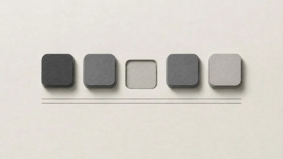Five paper tiles in shades of grey laid in a row on warm paper, the middle tile pressed in, above two ruled lines