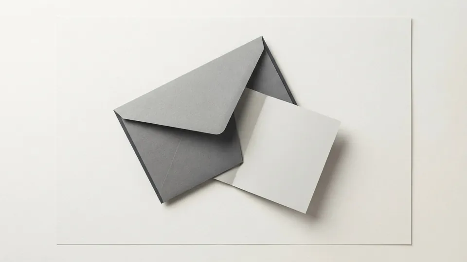 A grey paper envelope with its flap open and a blank folded note half drawn out of it