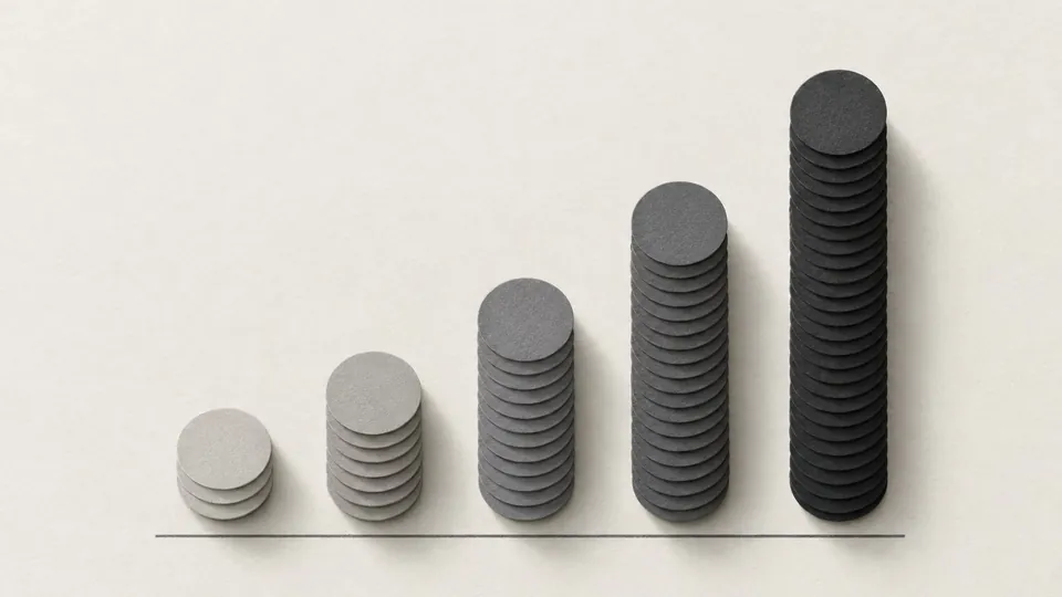 Five stacks of grey paper discs rising from left to right along a ruled baseline, like a bar chart made of counters