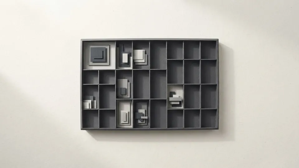 A shallow graphite paper tray divided into many compartments, a few holding small paper parts and the rest empty