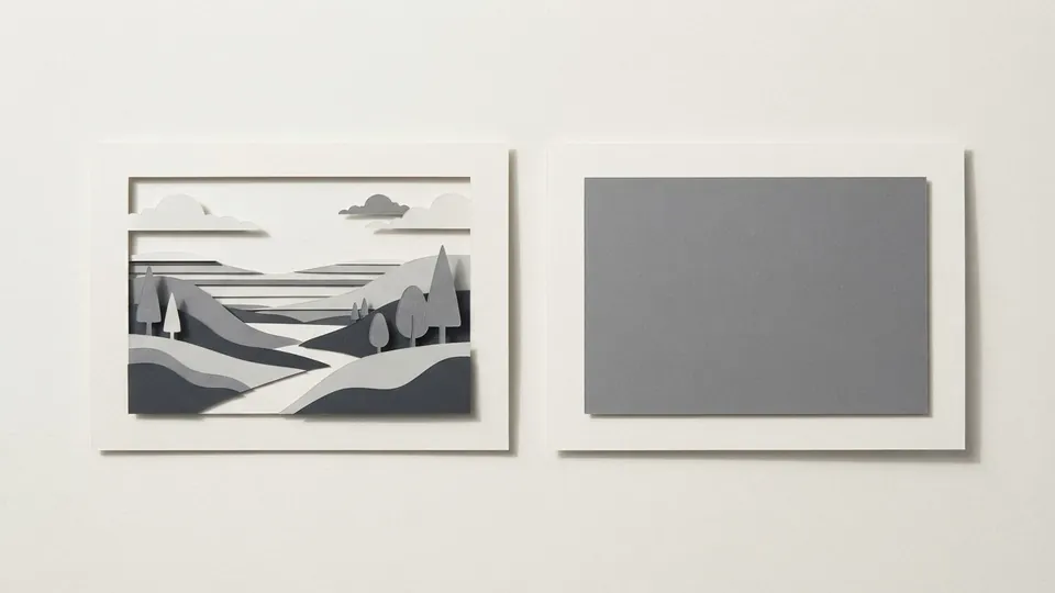 Two paper preview cards side by side, one with a layered cut-paper landscape and one with a plain grey panel instead