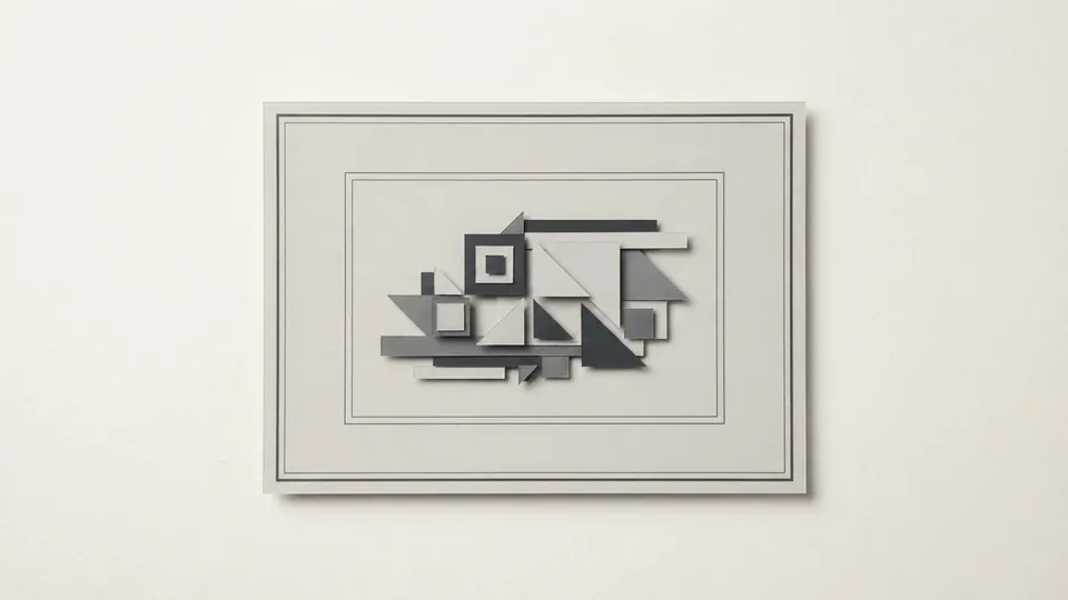 A paper card with a thin ruled frame around a centred inner rectangle holding a small geometric cut-paper motif