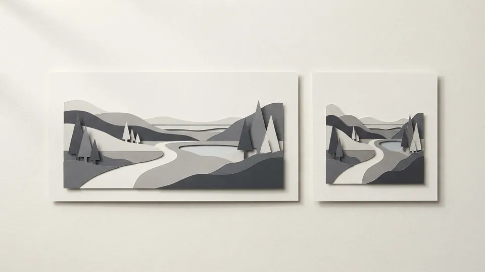A wide cut-paper landscape card and a smaller squarer card showing the same landscape in different proportions