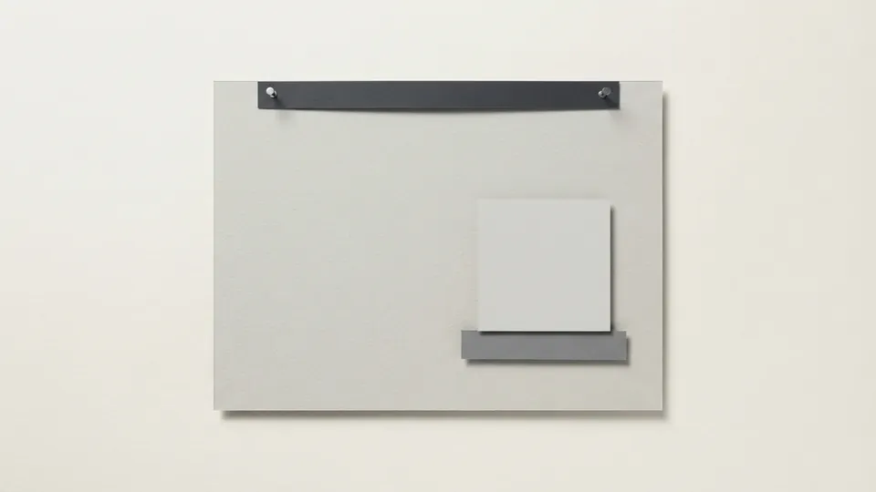 A blank grey paper page with a dark strip pinned across the top and a smaller grey strip tucked under a square picture panel like a caption