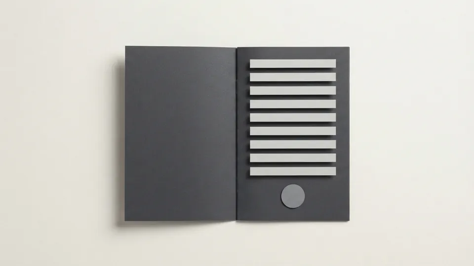 An open dark grey paper booklet whose right page holds nine light grey strips in ruled rows, with a plain grey disc at the foot