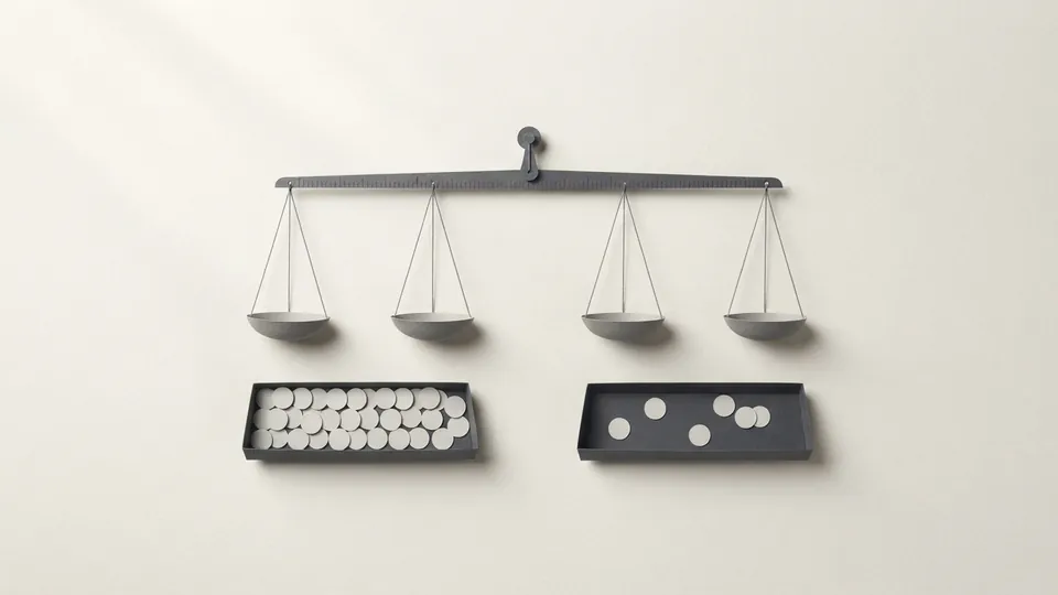 A grey paper beam holding four empty scale pans above two trays of paper discs, one tray full and one holding only a few