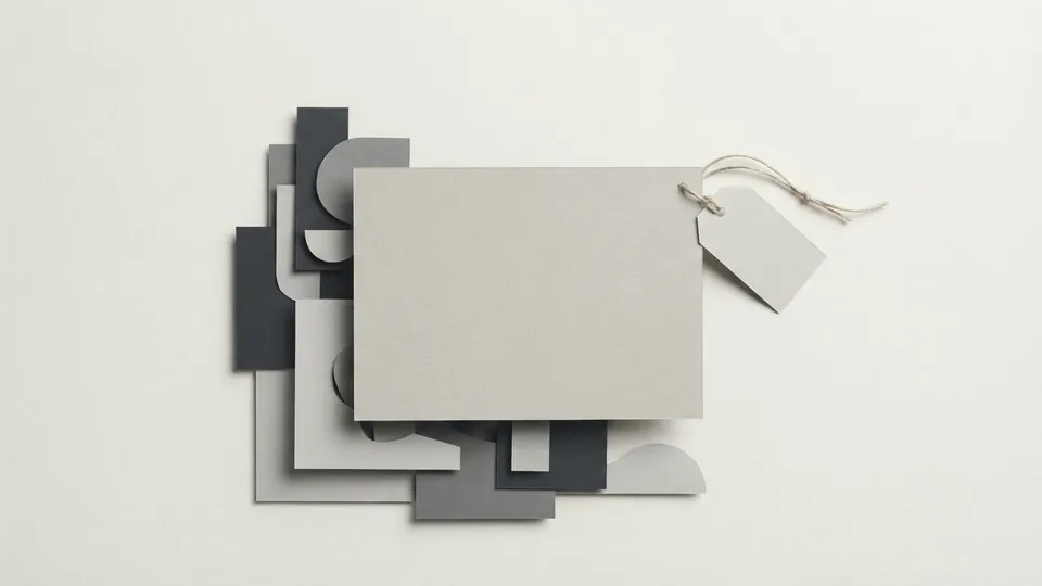A pale paper preview card resting on a pile of grey cut-paper shapes, a blank paper tag tied to its corner with string