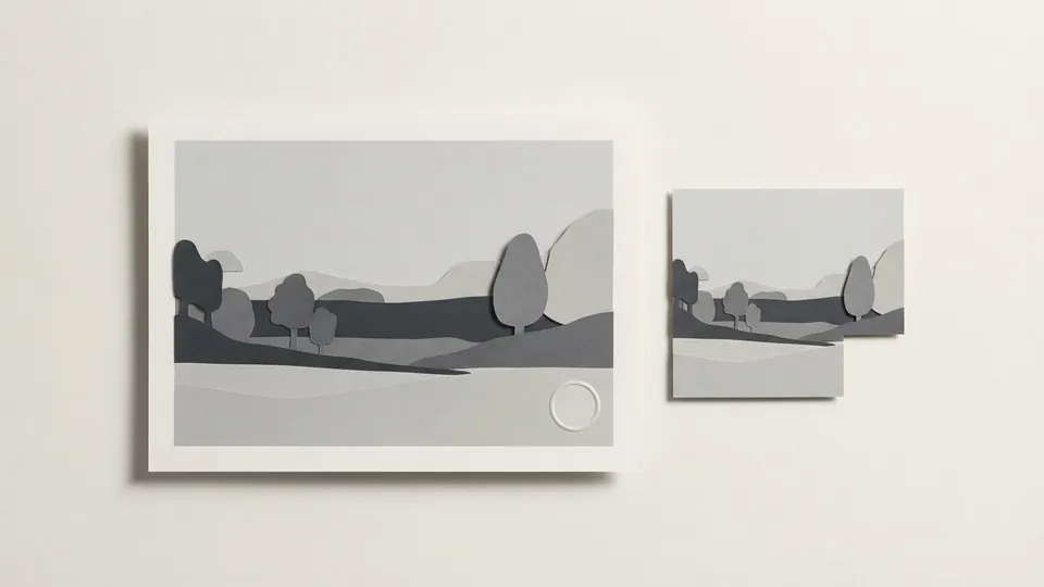 A cut-paper landscape print with a plain embossed seal in its corner beside a smaller cropped copy where the sealed corner is gone