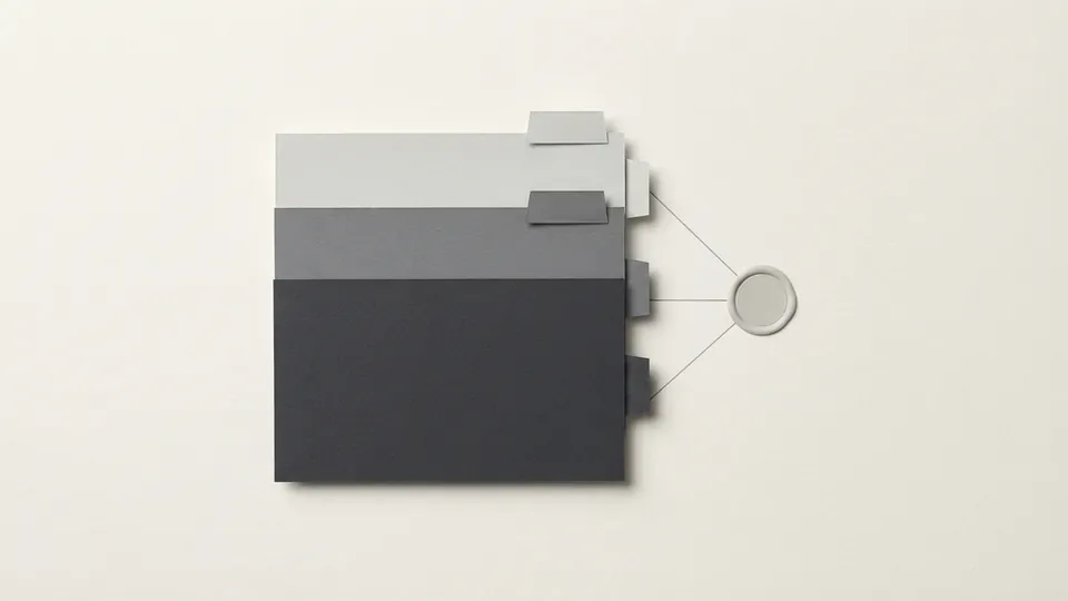 Three stacked paper cards in light, mid and dark grey, their edge tabs joined to one round paper seal by thin ruled lines