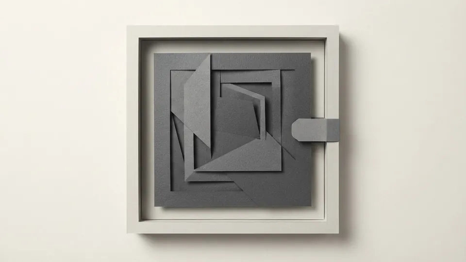 A layered grey paper tile inside a raised pale frame, closed by a small paper latch on its right side