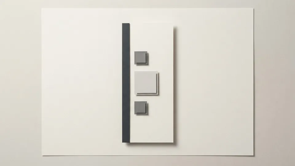 A tall pale paper page with a slim graphite strip along its left edge and three small grey tiles beside it