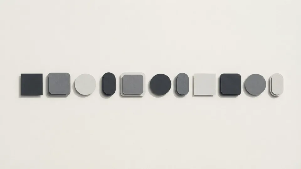 A row of paper tiles in square, rounded, circle and pill shapes, repeated in graded greys from graphite to pale