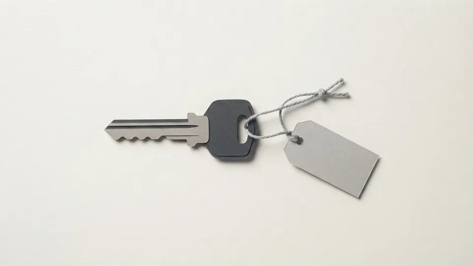 A cut-paper key in graphite and grey with a blank paper tag tied to it by a grey string
