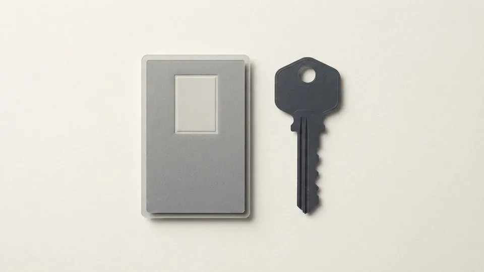 A blank grey paper identity card with an embossed pale rectangle for a photo, beside a graphite paper key