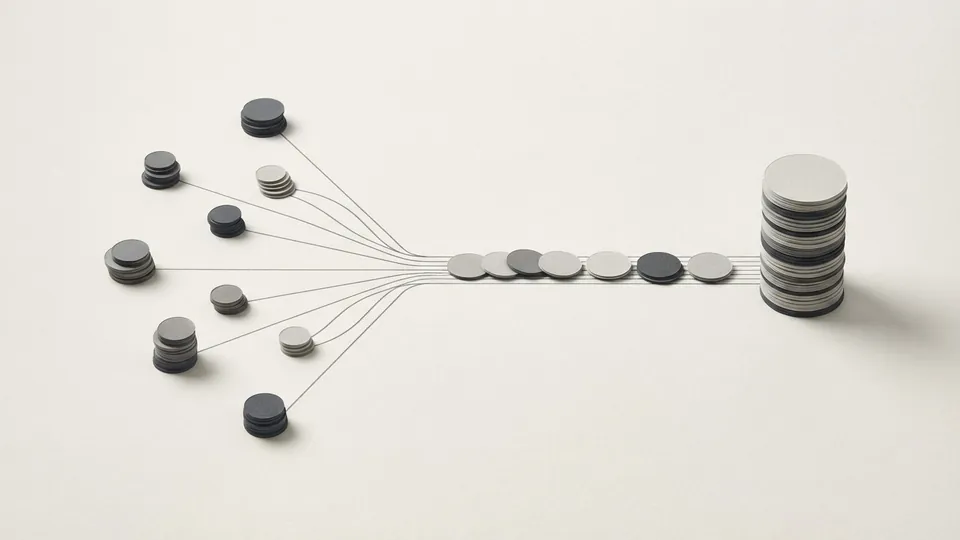 Small stacks of grey paper discs linked by fine lines that converge into a single file of discs leading to one tall stack