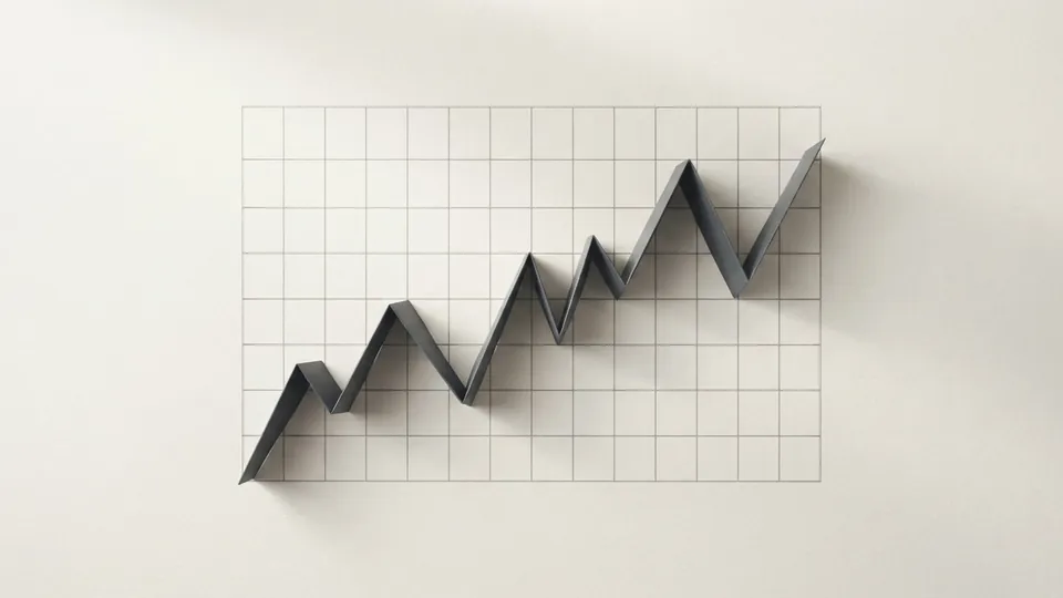 A single folded graphite paper strip rising in a zigzag line chart across a finely ruled grid