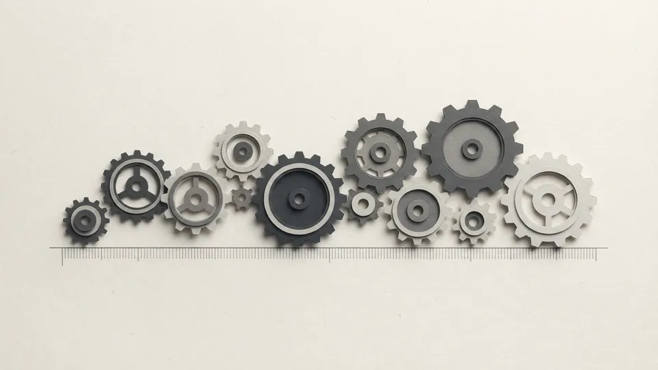 A row of interlocking paper cogs in graphite, grey and pale grey sitting on a finely ruled baseline